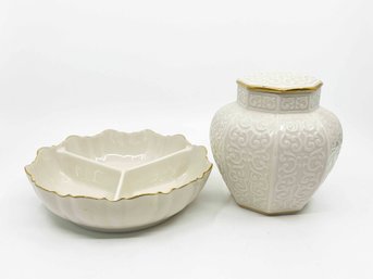 (A-9) VINTAGE LOT OF 2 LENOX FINE PORCELAIN ITEMS-3 TRAY CANDY DISH & ARABESQUE LIDDED JAR