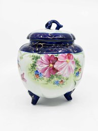 (A-17) VINTAGE FLORAL FOOTED TEA/GINGER JAR-COBALT BLUE GOLD HAND PAINTED-MADE JAPAN