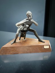 (A-64) VINTAGE BRONZE SCULPTURE BALLARINA SEATED LABELED-'CURTAIN PAUSE'-WOOD BASE