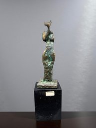 (A-59) VINTAGE MCM BRONZE BRUTALIST SCULPTURE TITLED 'MOON GODDESS' ON WOOD BASE