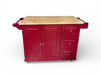 (K) CONTEMPORARY RED KITCHEN ISLAND TABLE W/ DROP LEAF CABINET STORAGE - 54' BY 18' BY 36' - 48' OPEN