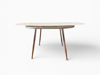 (LR) MODERN GLASS TOP WHITE OVAL DINING TABLE WITH ONE LEAF AS SHOWN- 61' BY 30' BY 29'