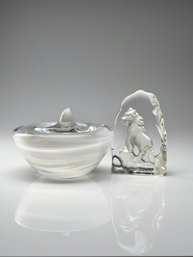 (A-41) VINTAGE PAIR OF FINE GLASS PAPERWEIGHTS-HORSE ETCHED FIGURE & KOST BODA PAPERWEIGHT