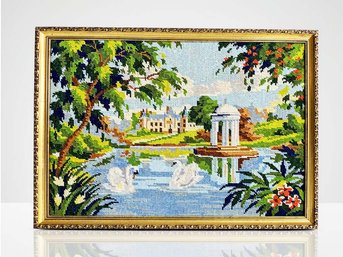 (A-37) VINTAGE FRAMED NEEDLEPOINT 'SWANS MANOR HOUSE PAVILION GARDEN LAKE' -APPROX. 21.5' X 16.5'