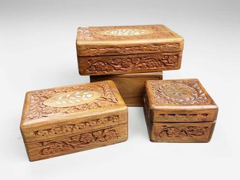 (A-32) VINTAGE TRIO OF HANDCRAFTED INDIAN WOODEN JEWELRY/TRINKET BOXES-WHITE SHELL/BONE INLAY