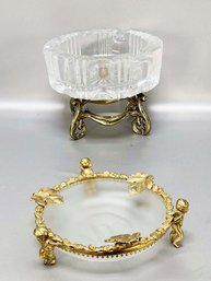 (A-29) VINTAGE PAIR OF ITEMS-1960'S GILT OPAQUE GLASS BOWL & ELEVATED GLASS ASHTRAY ON METAL BASE