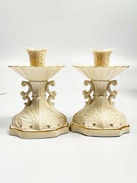(A-28) VINTAGE PAIR OF FINE PORCELAIN-LENOX AQUARIUS COLLECTION CANDLESTICK HOLDERS-24KT TRIM