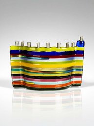 (A-27) VINTAGE RAINBOW  COLORED ARC STYLE FUSED GLASS MENORAH-APPROX. 13' X 7'-DARYL COHEN