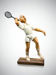 (A-51) VINTAGE HAND CARVED WOODEN STATUE MALE TENNIS PLAYER-1990'S-ROMER OF ITALY
