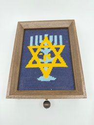 (A-15) VINTAGE MUSIC BOX, NEEDLEPOINT WALL HANGING - THORENS, WORKING PLAYS HATIKVAH - APPROX. 9' X 7' 3'