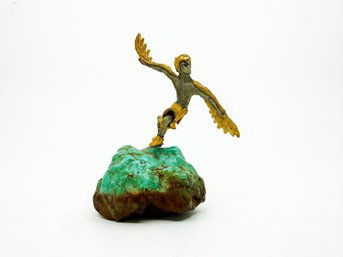 (A-8) VINTAGE MINI SCULPTURE BY MIKAEL REDMAN (1941-) 'THE EAGLE DANCER' ON TURQUOISE - SIGNED, APPROX. 4' T