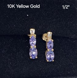10KT Yellow Gold Earrings With Purple Tanzanite And Diamonds