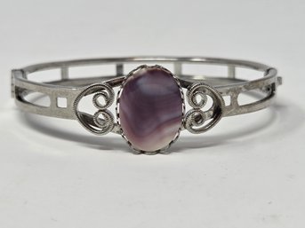 Cuff  Bracelet With Purple And White Stone Silver Toned