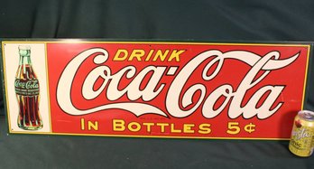 Vintage Coca Cola (Porcelain?) Metal Advertising Sign (In Bottles 5 Cents) - 36x12'   (100)