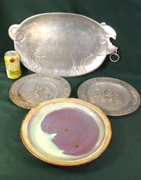 Aluminum Pig Platter 20x12', 2 Pewter Plates 10'D & Ceramic Plate 11'D   (103)