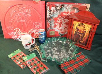Christmas Lot -Mikasa & Pilgrim Glass 13' Platters, Holly Pcs., Cup & Spoon, 9x4x12'H Cabinet, 10' Cross (104)