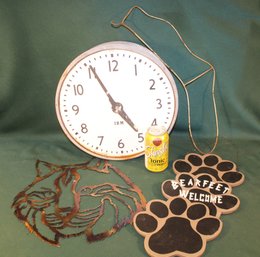 IBM Electric Wall Clock (as Is), Metal Tiger Cut-out Decoration, Bear Sign & Sock Dryer   (109)