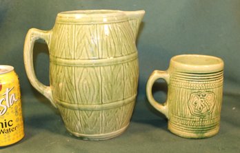 Antique Earthenware #4 Green Glaze Pitcher  8'H & 5'H Mug (10)