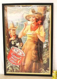 Framed Antique Golden West Coffee Ad, Artist Signed Poster, 26x37'H   (113)