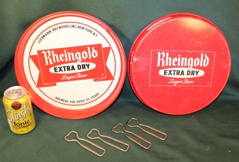 Two Vintage 12'D Rheingold Advertising Trays & 4 Budweiser Bottle Openers (11)