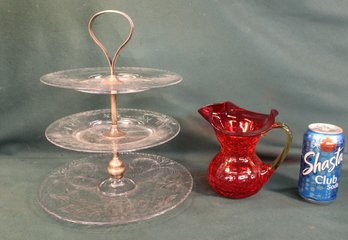 3 Tiered Desert Tray W/sterling Stem & Hand Blown Red Crackle Glass Pitcher W/applied Handle  (124)