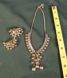 Beaded Metal Necklace & Clip  On Earrings Set  (124)