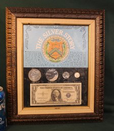 Framed 'The Silver Story' US  1900 Dollar, 1945 War Nickel, 1963 Dime, 1935 Silver Certificate, 12x14'H  (130)