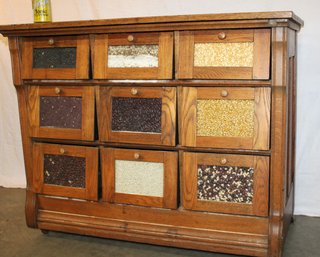 Rare Antique Am Oak Country Store Grain/Bean/Seed Display Cabinet Ca,1890, Kitchen Island?, 42x21x33'H   (130)
