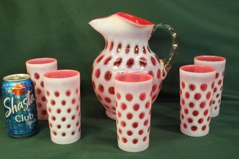 Opalescent Cased Cranberry Coin Dot Fenton Cased Glass Water Set, 10' Pitcher & 5 - 5.5' Tumblers  (131)
