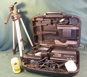 VHS Movie Camera & Accessories In Case & Maxell Tripod W/Level   (133)