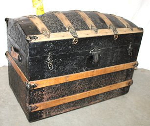 Antique Wood Slat & Embossed Metal Dome Top Trunk W/Insert Tray , Missing One Handle, 35x19x25'H   (134)