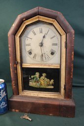 Ansonia Wind Up  Shelf Clock W/pendulum & Key - Working, Case Has Some Missing Veneer   (135)