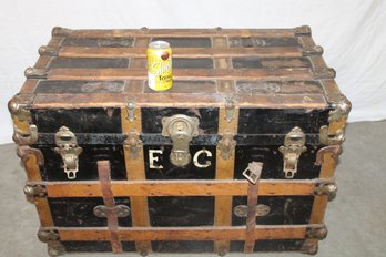 Antique Oak Slatted  Flat Top Trunk, Clean And Original, 35x20x23'H (135)