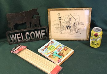 Metal Welcome Sign W/cows, Framed Fishing Print, Sears Catalog & Bamboo Skewers  (137)
