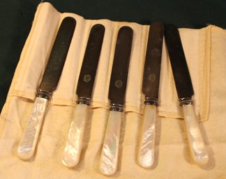 Antique Set Of 5  Mother Of Pearl Handled Knives In Holder, Alfred Field & Co, Sheffield, England  (13)