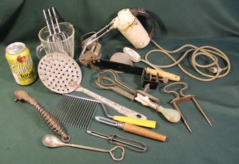 Kitchen Utensils Including Electric Mixer, Enamel Strainer, Raisin Seeder, Stove Handle, More  (13)