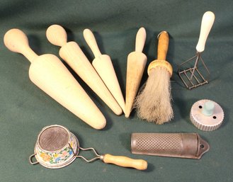 4 Wooden Pestle/Mashers, Strainer, Tin Nutmeg Grater, Fuller Brush, Masher, Cookie Cutter    (13)
