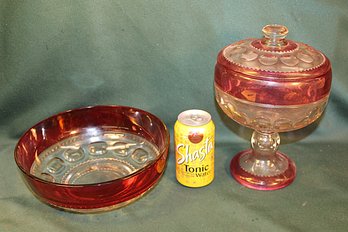 2 Large Pieces Kings Crown Thumbprint Glass - 10' Red Flash Bowl & 10' Lidded Pedestal Cranberry Compote  (13)