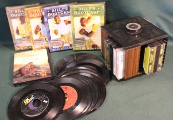 5 DVDs, 16 Cassettes In Holder & 17 45RPM Records   (145)