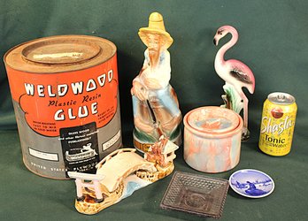 10'H Flamingo Figure, 11'H Cabin Still  Whiskey Bottle, 8'long Japan Bridge & Weldwood Glue Tin, 8x9 (148)