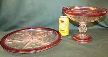 2 Pieces Cranberry Flashed Thumbprint Glass - 5 Part Divided Relish Tray 13'D & 7'H Compote    (14)