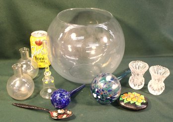 Large Glass Fish(?) Bowl(6.5' Opening, 8'H), 2 Blown Glass Pcs & Bell, Painted Spoon & Rock, More   (152)