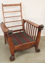 Antique Mahogany Reclining Morris Chair W/claw Feet & Lion's Heads, No Cushions  (159)