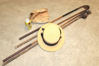 4 Antique Wood  Handled Golf Clubs, Wilson Baseball Glove & Italian Hat   (161)