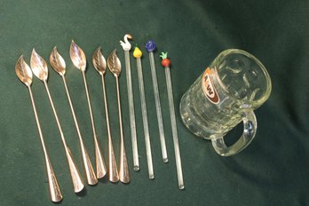 A&W Mug W/4 Glass Swizzle Sticks & 6 Leaf Spoon Stirrers (161)