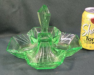 Indiana Glass Co. Green Uranium Glass Divided,  Handled Relish Tray, Pyramid Pattern(162)