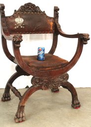 Ornate Mahogany Arm Chair - Carved North Wind, Leather Upholstery W/ Lion's Heads & Claw Feet    (163)