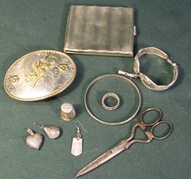 2 Lockets, Abalone Thimble, Sewing Scissors, German Silver Belt Buckle, Cig. Holder, Bracelets & Ring    (163)
