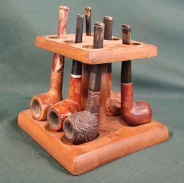 6 Tobacco Pipes In Wood Holder  (164)