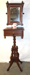 Antique Walnut Mirrored Shaving Stand W/Adjustable Height  Mirror, One Drawer, Shaving Mug, 18x16x67'H   (166)